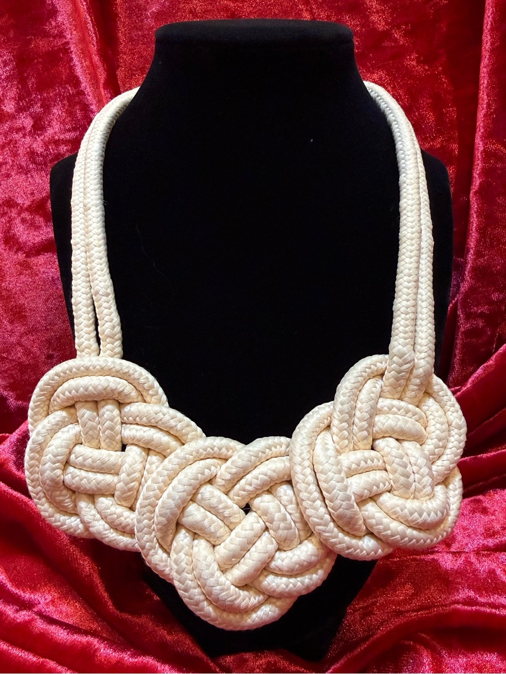 Chunky Cream Rope Statement Necklace Celtic Knot Nautical Bib Collar Unsigned